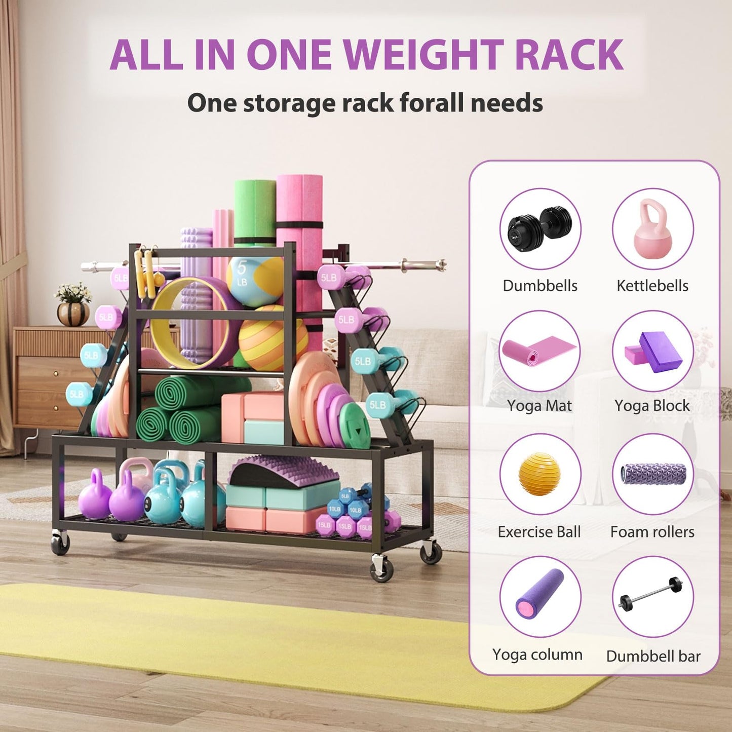HavenlyYouth Dumbbell Rack Weight Rack Storage-Large Dumbbells Rack Home Gym Storage,Multilevel Workout Storage Organizer with Wheels and Barbell Holder,Perfect for Yoga Mat Balls Kettlebells and Fitness Gear,black