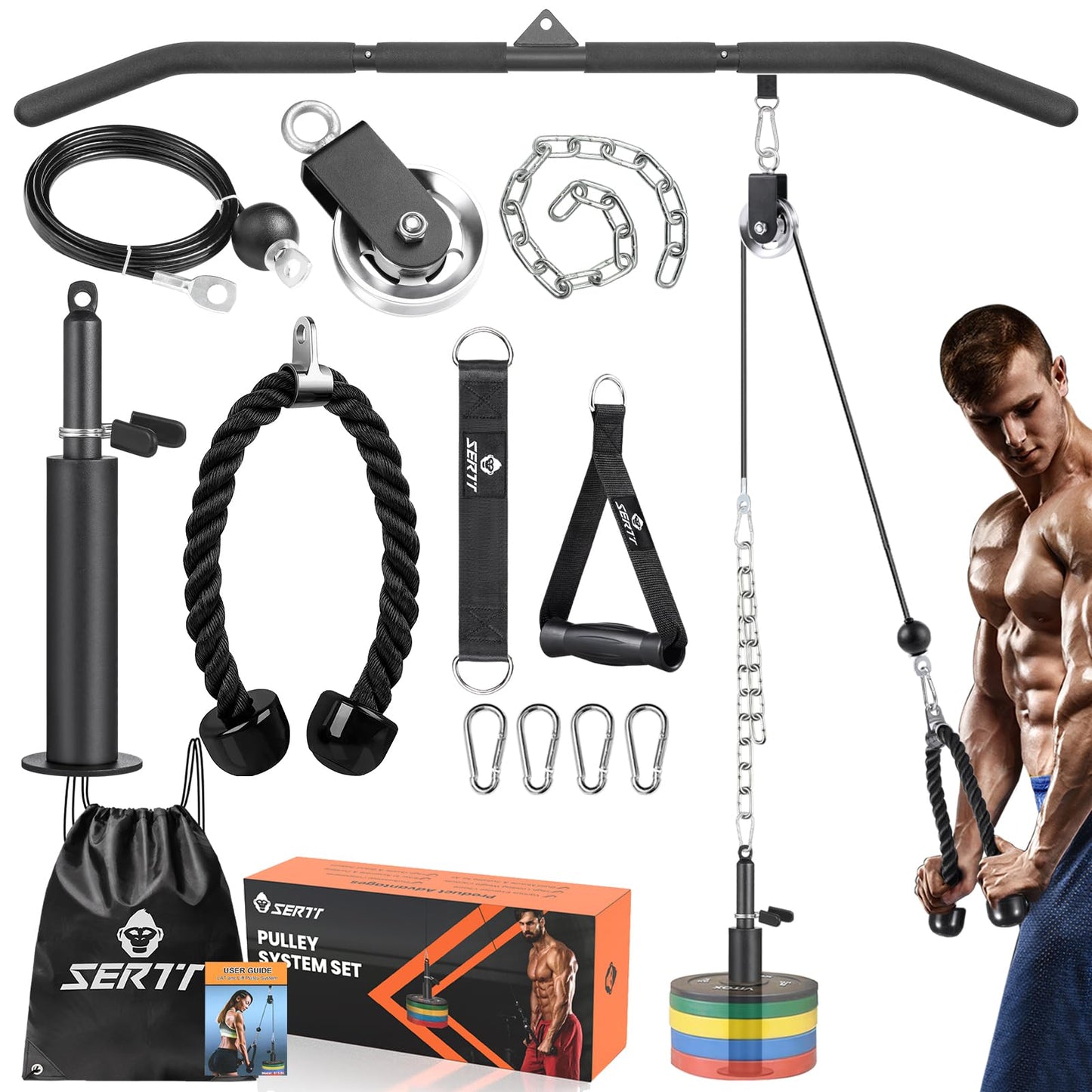 SERTT Cable Pulley System Gym, Power Rack Pulley Attachment with 2-in-1 LAT Pull Down Bar and Upgraded Loading Pin,Used for Triceps Pulldown, Biceps, Back, Shoulder