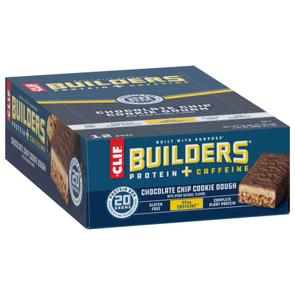 CLIF BUILDERS + Caffeine Protein Bars - Chocolate Chip Cookie Dough Flavor - 20g Plant Based Protein - Gluten Free - Non-GMO - Low Glycemic - No Artificial Sweeteners - 2.4 oz. (12 Pack)