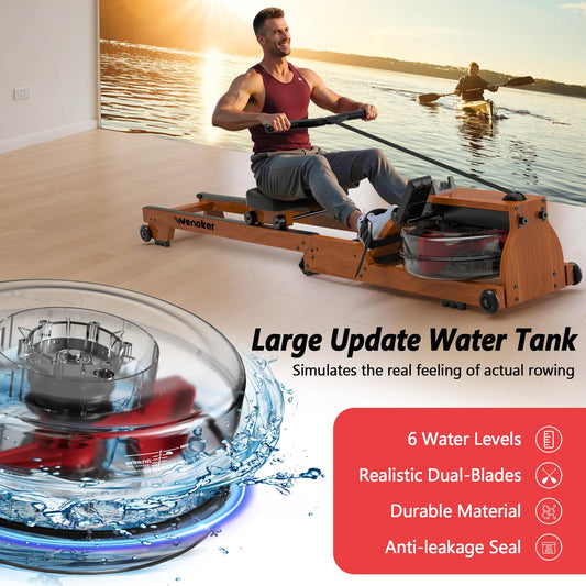 Water Rowing Machine for Home Use, WENOKER Wooden Foldable Rower Machine with Dedicated Monitor & Bluetooth APP, Large Water Tank & Comfortable Seat for Immersive Water Rower, 350LBS Weight Capacity