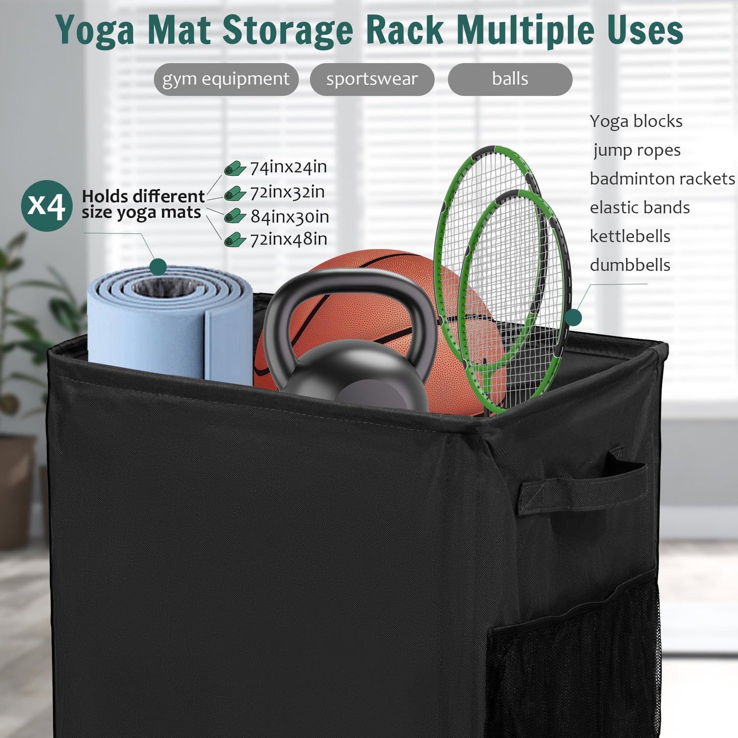 wymulot Yoga Mat Storage Racks, Home Gym Storage Rack with Wheels, Yoga Mat Holder Side 2 Mesh Pockets, Yoga Storage Basket Holds 4 Yoga Mats, 2 Foam Rollers, 6 Resistance Bands (Black)