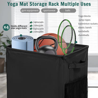 wymulot Yoga Mat Storage Racks, Home Gym Storage Rack with Wheels, Yoga Mat Holder Side 2 Mesh Pockets, Yoga Storage Basket Holds 4 Yoga Mats, 2 Foam Rollers, 6 Resistance Bands (Black)