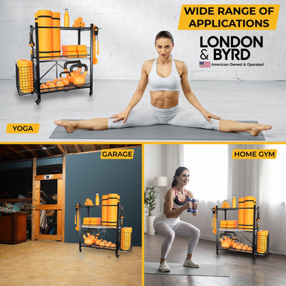 London & Byrd - No Assembly - Home Gym Storage Rack. Steel Construction, Heavy Duty Wheels, with Basket and Hooks. Great for Home Gym Equipment, Yoga mats, Kettlebells, and Small Dumbbell Storage.