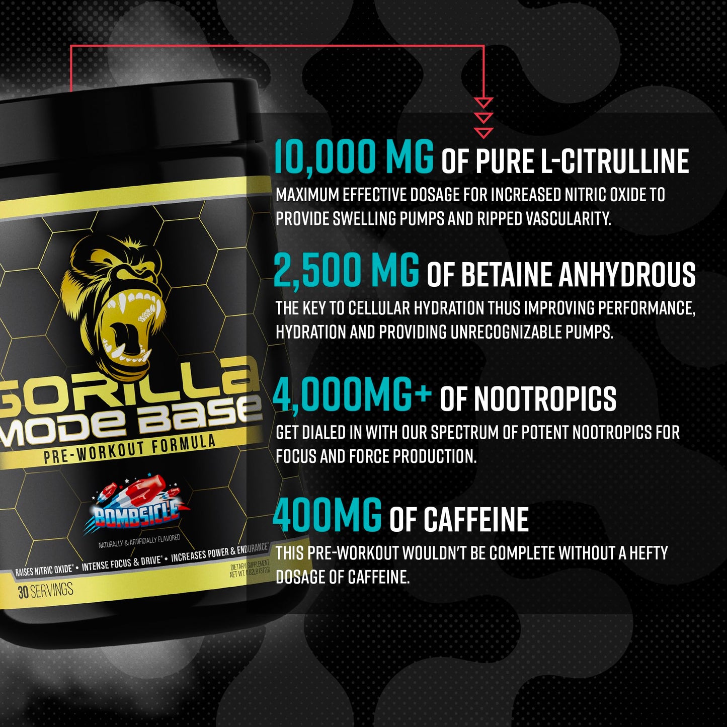 Gorilla Mind Base Pre Workout - Raises Nitric Oxide Intense Focus & Drive Endurance Power - L-Citrulline, L-Tyrosine, Betaine, Alpha-GPC, Caffeine, Huperzine A - 360 Grams (Blue Raspberry)