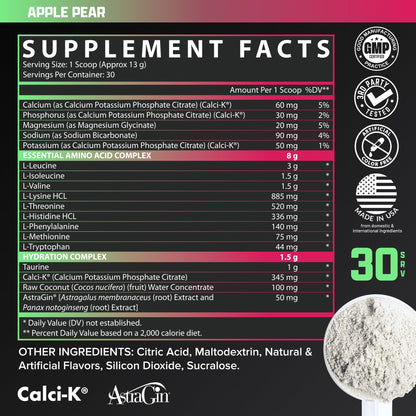 Nutrex Research EAA Hydration | EAAs + BCAAs Powder | Muscle Recovery, Strength, Muscle Building, Endurance | 8G Essential Amino Acids + Electrolytes | Apple Pear 30 Servings