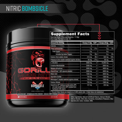 Gorilla Mind - Gorilla Mode Nitric Upgraded Stimulant Free Pre-Workout – Best Tasting and Most Effective Stimulant Free Pre-Workout/Massive Pumps · Vasodilation · Power / 768 Grams (Bombsicle)