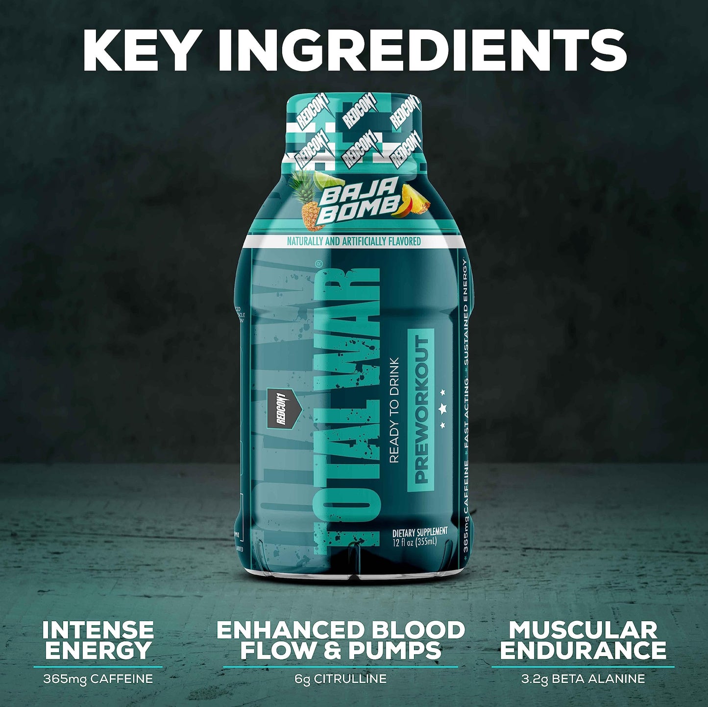 REDCON1 Total War Ready to Drink Preworkout, Vice City - 350mg of Fast Acting RTD Caffeine - Beta Alanine + Citrulline Malate for Increased Pump - Keto Friendly Workout Drink (12 Servings)