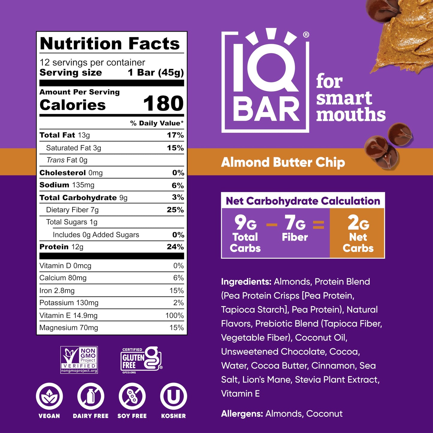 IQBAR Brain and Body Plant Protein Bars - Almond Butter Chip - 12-Count Low Carb - Gluten Free, High Fiber, Vegan Snacks - Low Sugar Meal Replacement
