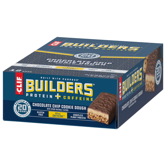 CLIF BUILDERS + Caffeine Protein Bars - Chocolate Chip Cookie Dough Flavor - 20g Plant Based Protein - Gluten Free - Non-GMO - Low Glycemic - No Artificial Sweeteners - 2.4 oz. (12 Pack)