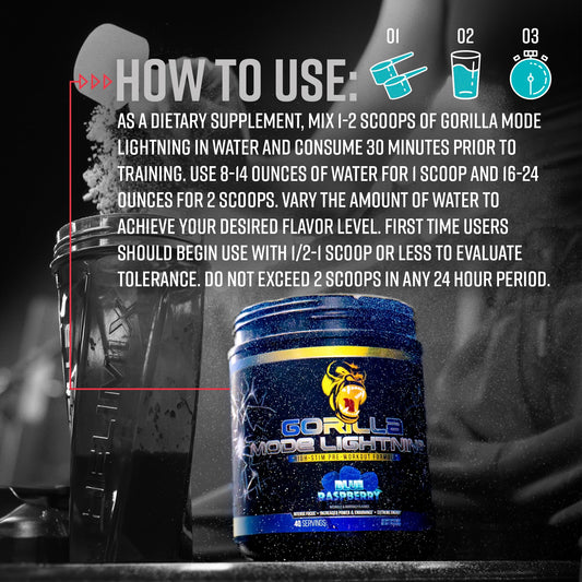 Gorilla Mode Lightning Pre-Workout - Extreme Energy · Laser Focus · Powerful Pumps · Peak Performance - 550mg Caffeine, 13500mg L-Tyrosine, Alpha-GPC– 808g (Blue Raspberry)