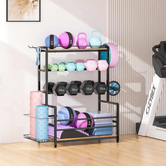 Gym Home Equipment Weight Rack – 3‑Tier Workout Storage Stand for Dumbbells & Kettlebells, Medicine Ball Holder, 460 lb Steel Organizer with Yoga Mat Basket, Hooks, Adjustable Feet, 24 x 16 in
