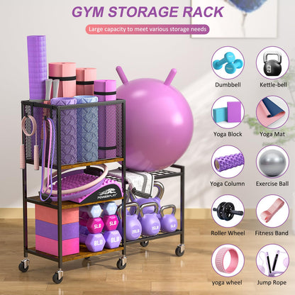 5 Tier Dumbbell Rack, Yoga Mat Storage Holder, Home Gym Storage Rack, Workout Equipment Storage Organizer, Weight Storage Holder Rack with Hooks and Wheels
