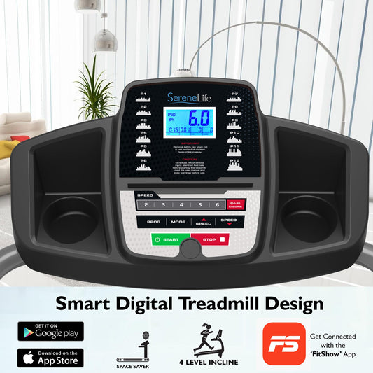 SereneLife - Electric Folding Treadmill Exercise Machine - Smart Compact Digital Workout Fitness Trainer w/ Bluetooth App Sync, Manual Incline Adjustment, For Walking, Running, Gym