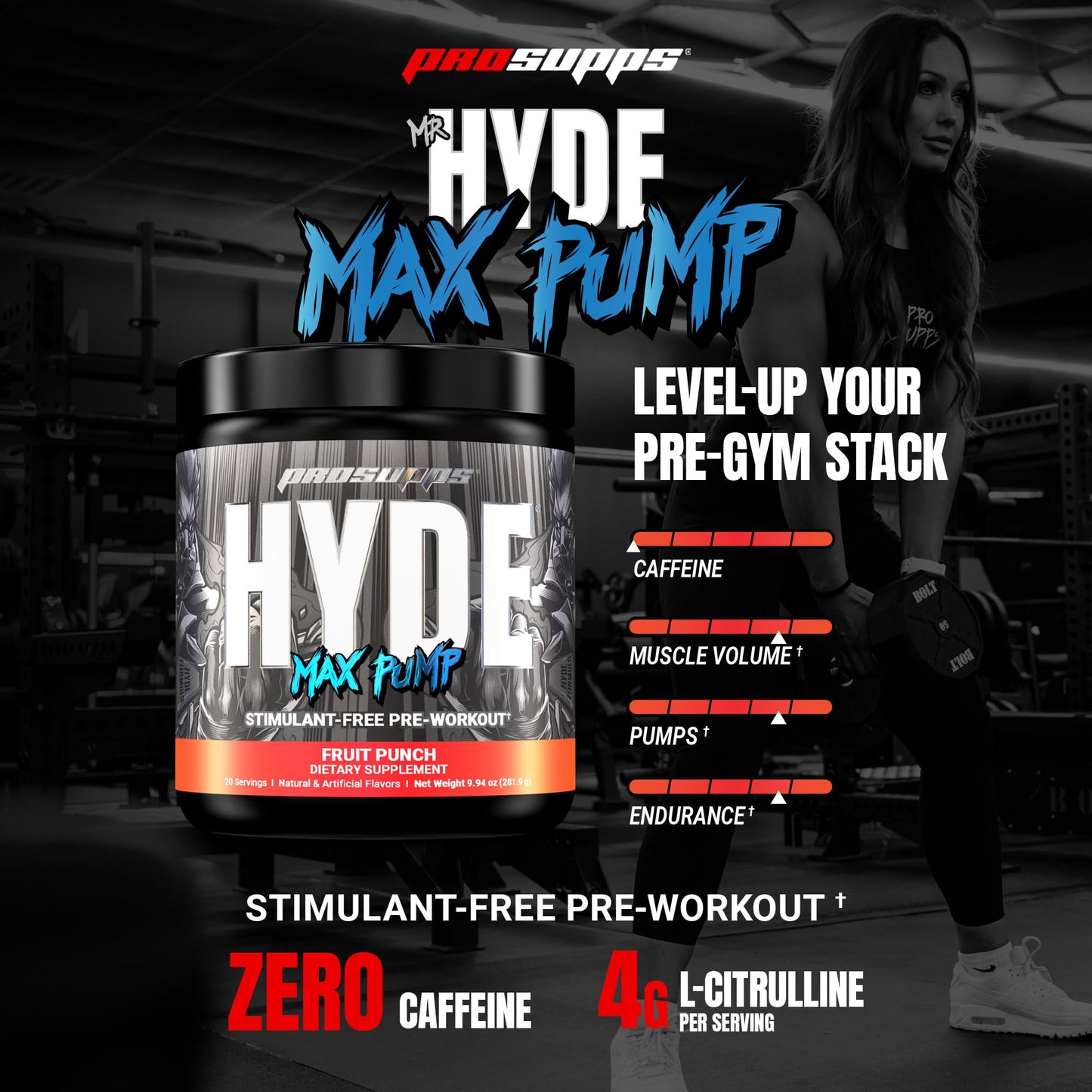 PROSUPPS Mr. Hyde Max Pump Pre Workout Powder - Stim-Free Preworkout Supports Blood Flow, Muscle Volume & Endurance - Caffeine-Free Nitric Oxide Gym & Fitness Supplements (Fruit Punch, 20 Servings)