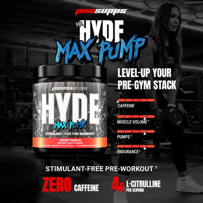 PROSUPPS Mr. Hyde Max Pump Pre Workout Powder - Stim-Free Preworkout Supports Blood Flow, Muscle Volume & Endurance - Caffeine-Free Nitric Oxide Gym & Fitness Supplements (Fruit Punch, 20 Servings)