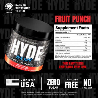 PROSUPPS Mr. Hyde Max Pump Pre Workout Powder - Stim-Free Preworkout Supports Blood Flow, Muscle Volume & Endurance - Caffeine-Free Nitric Oxide Gym & Fitness Supplements (Fruit Punch, 20 Servings)