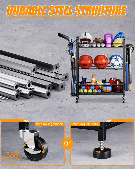FHXZH Garage Sports Equipment Organizer - Rolling Ball Storage Rack with Wheels, Sports Gear Organizer for Garage Indoor Outdoor Toy Storage Rack, Basketball Racks Ball Cart with Basket and Hooks