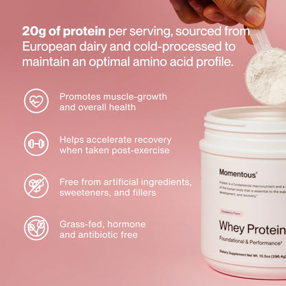Momentous Essential Grass-Fed Whey Protein Powder - 20g Whey Isolate Protein - NSF Certified for Sport - Gluten-Free - 12 Servings for Essential Everyday Use, Strawberry (Package May Vary)