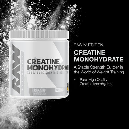 RAW Nutrition Creatine Monohydrate Powder - Unflavored Micronized Creatine Monohydrate Workout Supplement for Muscle Energy, Strength & Endurance - Creatine Powder for Women & Men - 50 Servings