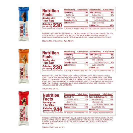think! Protein Bars, High Protein Snacks, Gluten Free, Kosher Friendly,Variety Pack, Nutrition Bars, 2.1 Oz per Bar, 12 Count (Packaging May Vary)