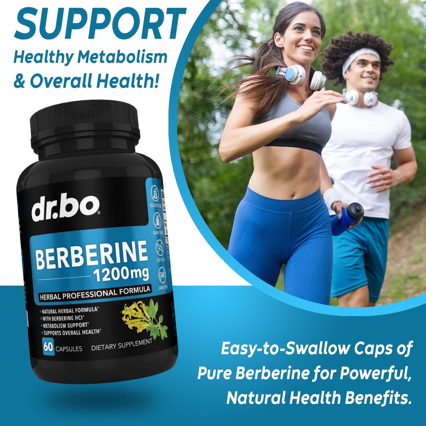 Berberine Supplement Capsules - 1200mg Berberine HCL Supplement for Healthy Metabolic Support - Premium Natural Complex for Women & Men, Pure Support Capsules Supplements - 60 Pills