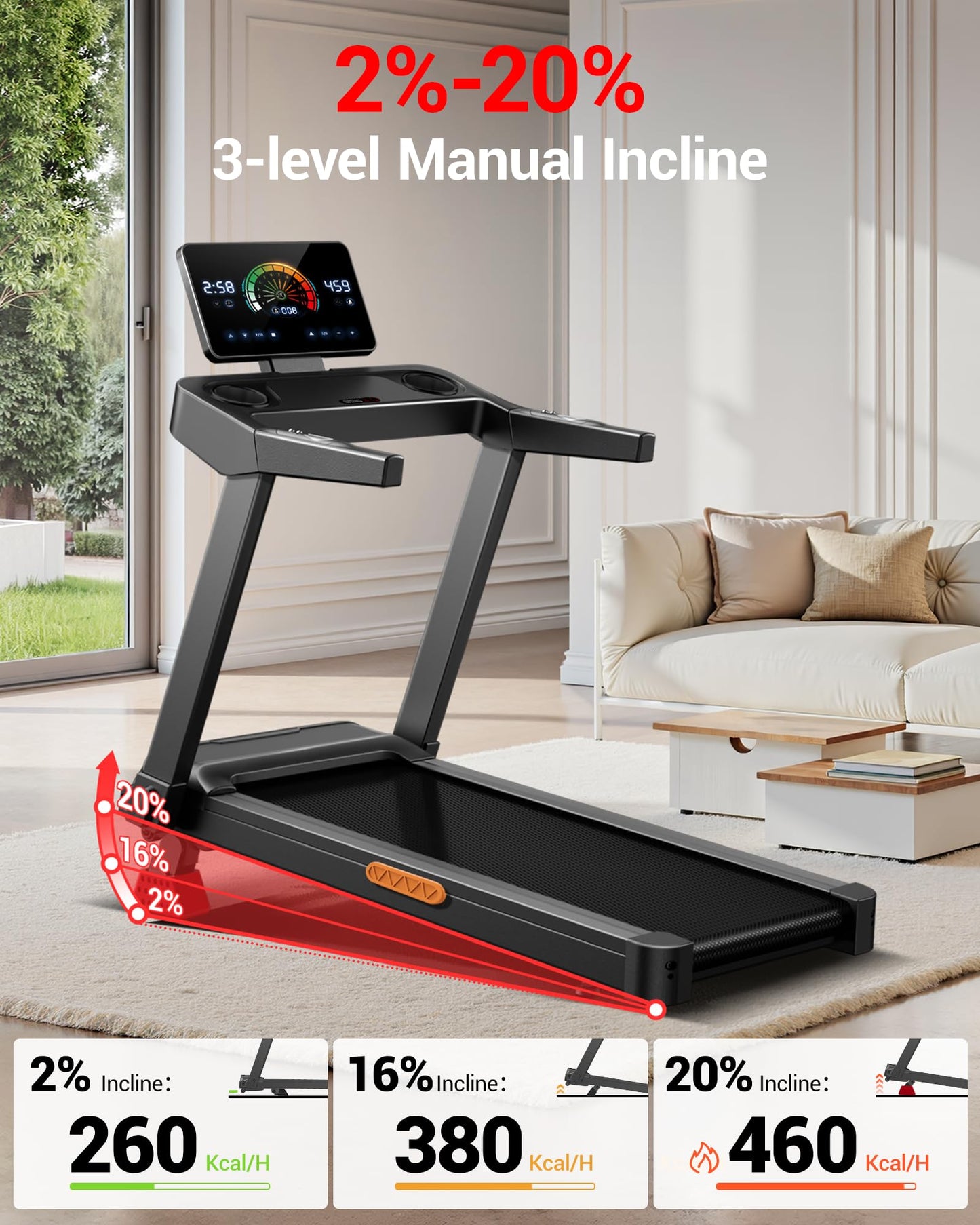 UMAY Fitness Treadmill with 3-Level Incline, Treadmills for Home Auto Folding with Pulse Sensors, 300 LBS Capacity, 3.0HP Quiet Brushless, Max 8.7 MPH (Treadmill with handrail) (Black with Screen)
