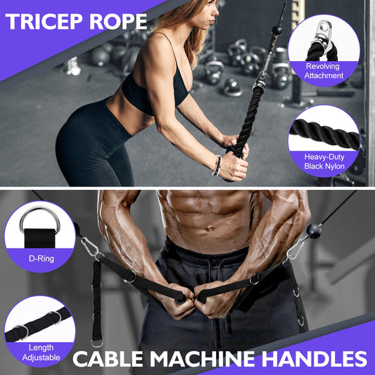 Turakun Cable Machine Attachments Set: 6 Pack LAT Pulldown Attachments Bar for Home Gym Accessories Tricep Rope Double D Handles