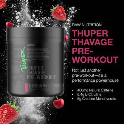 RAW Thuper Thavage Pre Workout Powder - High-Stim Preworkout with Creatine, Beta Alanine, L-Citrulline & Caffeine - Chris Bumstead Gym & Fitness Supplement for Men & Women - Cherry Berry