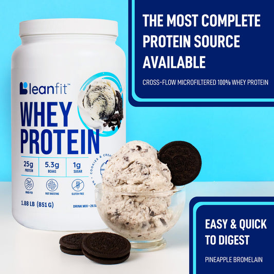 LeanFit WHEY Protein Cookies & Cream - 100% Whey Protein Powder, 25g Protein Per Serving - Grass-Fed, Gluten-Free, BCAAs, Amino Acid - 26 Servings, 1.88 lb Tub