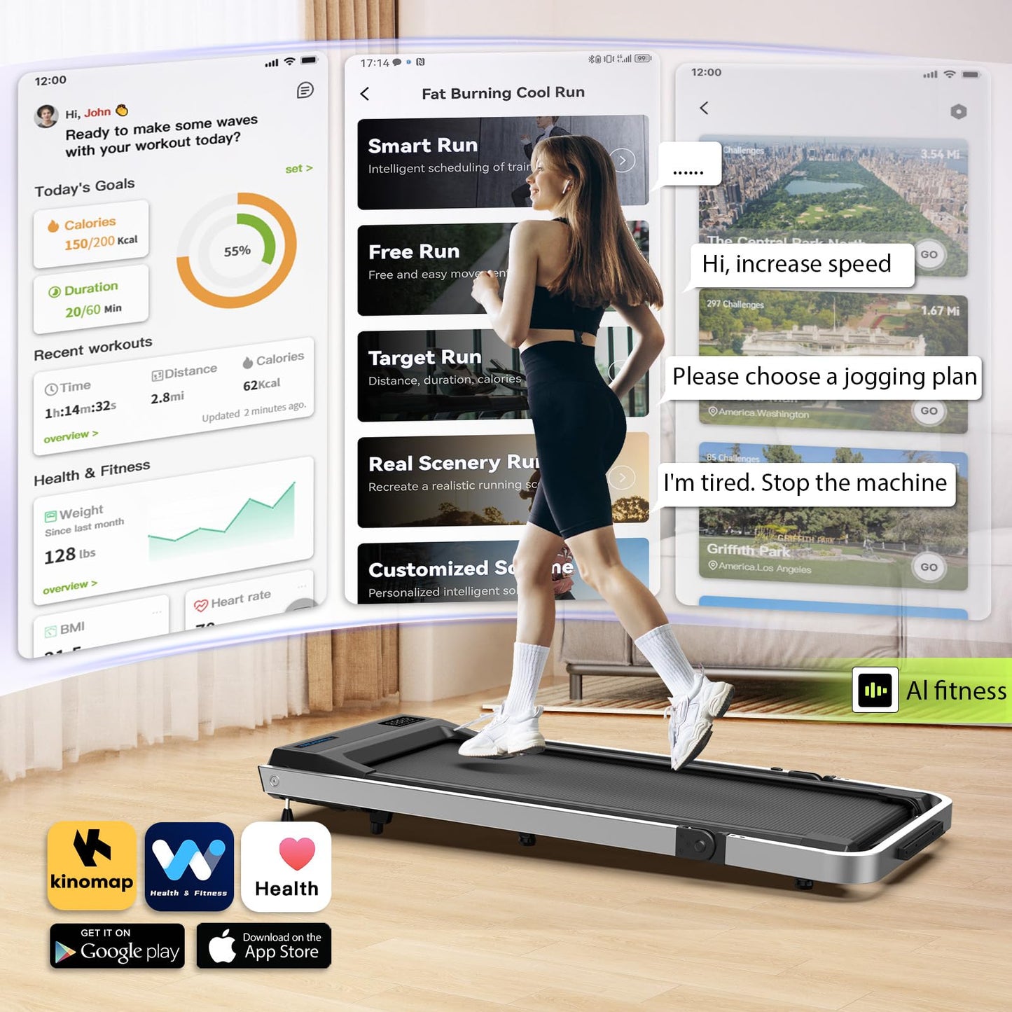Cardirun 3 in 1 Foldable Treadmill with Desk Workstation - 3.0HP & 350 lb Capacity, Under Desk Treadmill with Incline for Home Small, Smart Voice Control & App & Remote Control, 2s Folding