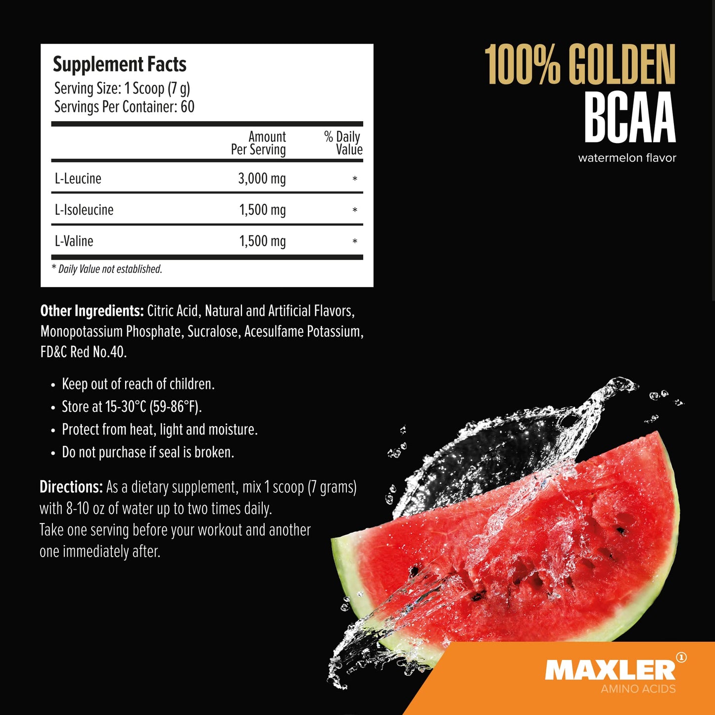 Maxler 100% Golden BCAA Powder - Intra & Post Workout Recovery Drink for Accelerated Muscle Recovery & Lean Muscle Growth - 6 g Vegan BCAAs Amino Acids - 60 Servings - Watermelon