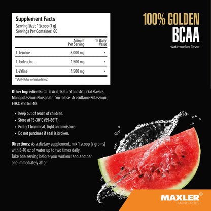 Maxler 100% Golden BCAA Powder - Intra & Post Workout Recovery Drink for Accelerated Muscle Recovery & Lean Muscle Growth - 6 g Vegan BCAAs Amino Acids - 60 Servings - Watermelon