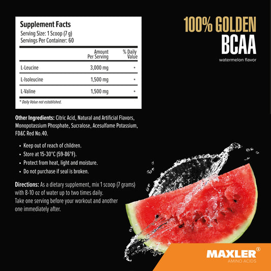 Maxler 100% Golden BCAA Powder - Intra & Post Workout Recovery Drink for Accelerated Muscle Recovery & Lean Muscle Growth - 6 g Vegan BCAAs Amino Acids - 60 Servings - Watermelon