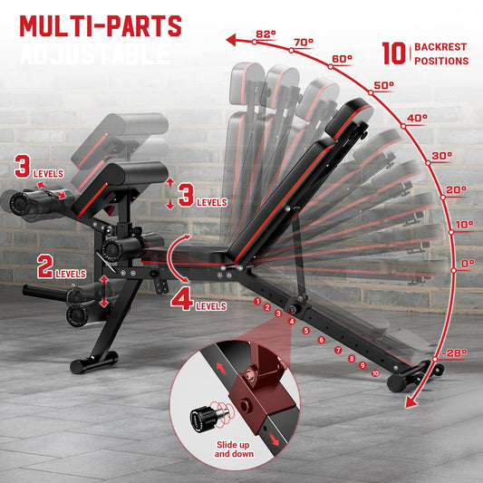 XDDIAS Workout Bench, Adjustable Weight Bench with Leg Extension and Leg Curl, Extended Headrest, 900LBS Preacher Curl Bench Incline Decline Flat Workout Bench for Home Gym Full Body Exercise
