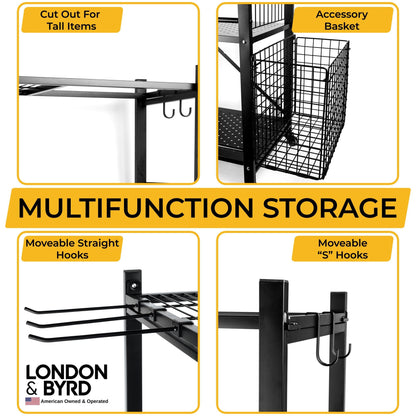 London & Byrd - No Assembly - Home Gym Storage Rack. Steel Construction, Heavy Duty Wheels, with Basket and Hooks. Great for Home Gym Equipment, Yoga mats, Kettlebells, and Small Dumbbell Storage.
