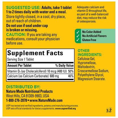 Nature Made Calcium 600 mg with Vitamin D3, Dietary Supplement for Bone Support, 220 Tablets (pack of 1)
