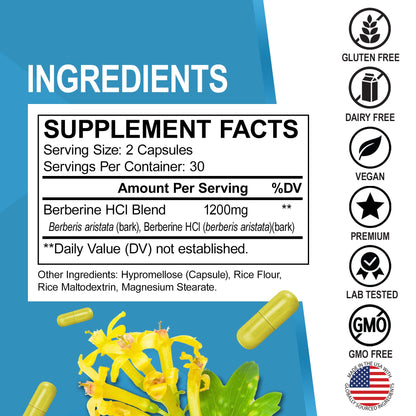 Berberine Supplement Capsules - 1200mg Berberine HCL Supplement for Healthy Metabolic Support - Premium Natural Complex for Women & Men, Pure Support Capsules Supplements - 60 Pills