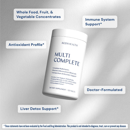 BodyHealth Multi Complete (120 Ct) Daily Multivitamin for Men and Women with Whole Foods, Minerals, Antioxidants, Organic Green Food Concentrates, and Liver Detox Extracts, Vegan and Non GMO