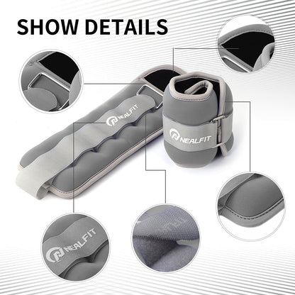 NEALFIT Ankle Weights for Men Women Kids, Leg Arm Wrist Weights with Adjustable Strap for Running, Gymnastics, Aerobics,Gym, Fitness (Gray, 1 lb x 2)