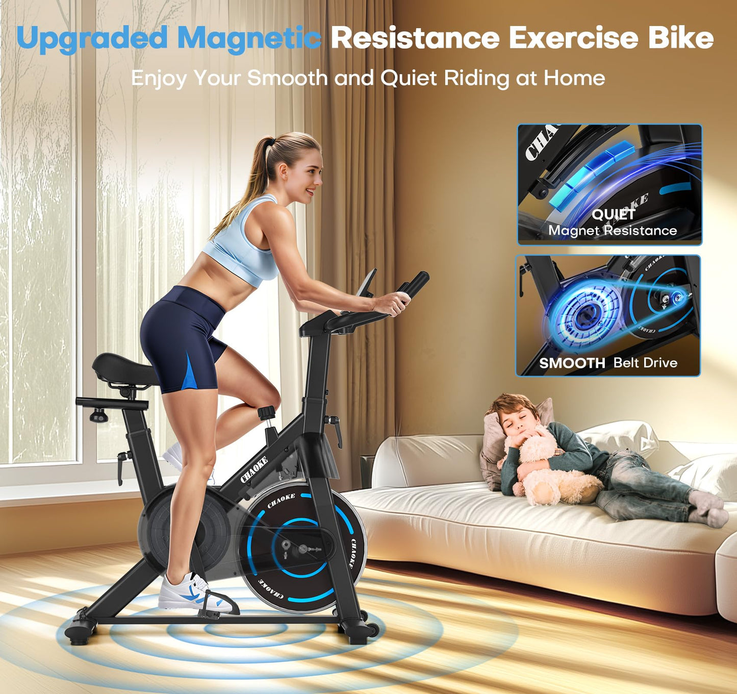 Exercise Bike, CHAOKE Quiet Adjustable Magnetic Resistance Stationary Bike for Home Cardio with App Compatible, 300LB Weight Capacity Indoor Cycling Bike with Comfortable Seat & Digital Display
