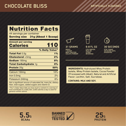 Optimum Nutrition Gold Standard 100% Isolate, Protein Powder, Chocolate Bliss, 3 Pounds, 44 Servings. Whey Protein Isolate (Packaging May Vary)