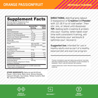 Optimum Nutrition Creatine Monohydrate Plus Powder, Orange Passionfruit Flavored Creatine Performance Blend With Electrolytes for Hydration, Added Vitamins, 40 Servings, 360 Grams (Packaging May Vary)