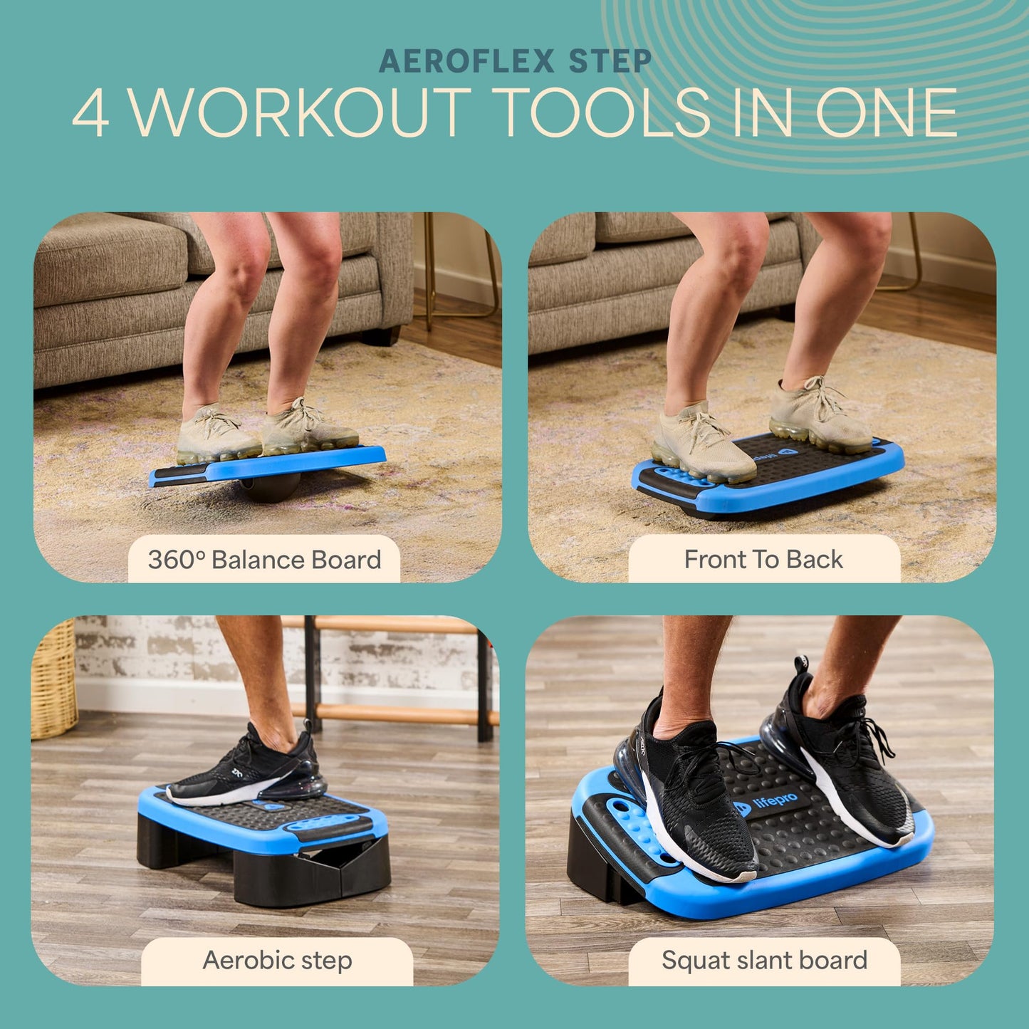 Lifepro 4-In-1 Aerobic Balance Board and Step Up Exercise Platform - Adjustable Multifunctional Balance Board Slant Board, Steppers for Exercise - Home Workout Non Slip Stepper Platform For Balance