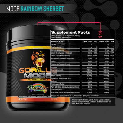Gorilla Mode Pre Workout - Massive Pumps · Laser Focus · Energy · Power - L-Citrulline, Creatine, L-Tyrosine, Betaine, Hydroprime®, Alpha-GPC, 400mg Caffeine, Huperzine A - 776g (Rainbow Sherbet)