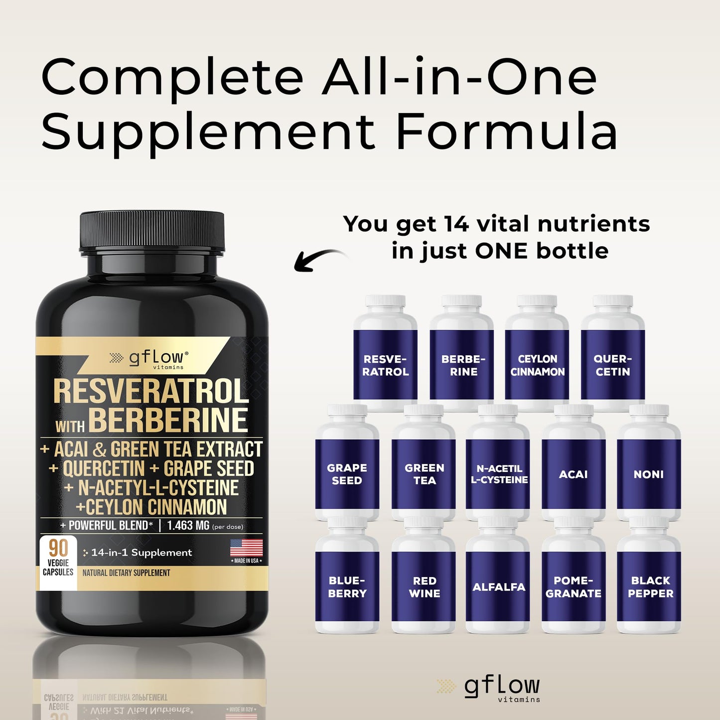 gflow vitamins Resveratrol Supplement - 6000mg Max Strength with Berberine 3000mg Ceylon Cinnamon 1000mg Quercetin 2000mg, n Acetyl cysteine, Green Tea Extract, Acai - 14-in-1 Complex, 100% Natural