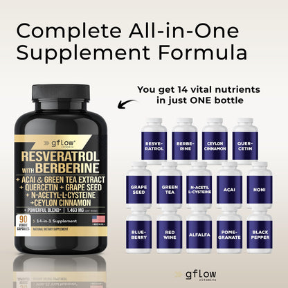gflow vitamins Resveratrol Supplement - 6000mg Max Strength with Berberine 3000mg Ceylon Cinnamon 1000mg Quercetin 2000mg, n Acetyl cysteine, Green Tea Extract, Acai - 14-in-1 Complex, 100% Natural