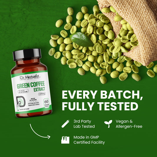 Dr. Herbalist Green Coffee Extract 450mg – 60 Vegan Capsules | 10:1 (4,500mg Raw Eq) | Caffeine-Free Unroasted Coffee Bean Supplement