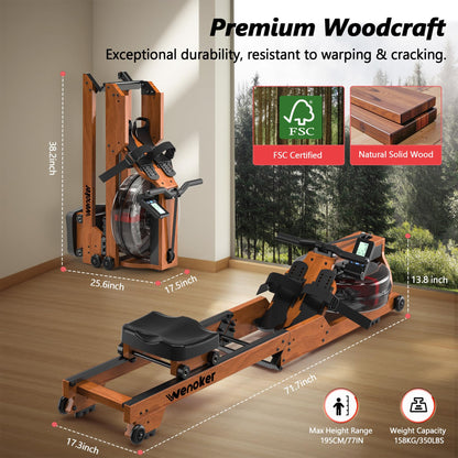 Water Rowing Machine for Home Use, WENOKER Wooden Foldable Rower Machine with Dedicated Monitor & Bluetooth APP, Large Water Tank & Comfortable Seat for Immersive Water Rower, 350LBS Weight Capacity