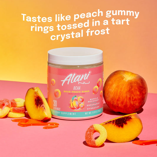 Alani Nu BCAA Sour Peach Ring | Branch Chain Essential Amino Acids | 2:1:1 Formula | Supplement Powder | Muscle Recovery Vitamins for Post-Workout | 30 Servings