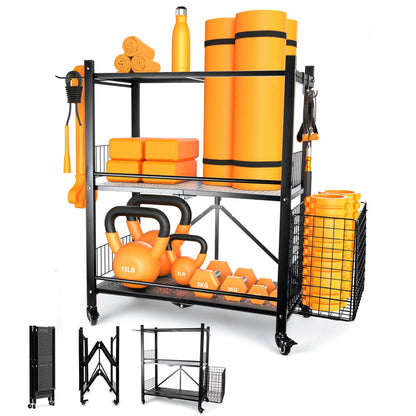 London & Byrd - No Assembly - Home Gym Storage Rack. Steel Construction, Heavy Duty Wheels, with Basket and Hooks. Great for Home Gym Equipment, Yoga mats, Kettlebells, and Small Dumbbell Storage.